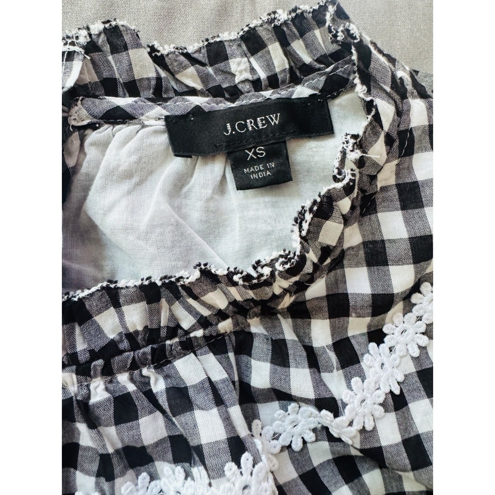J.Crew Gingham Lace Trim Peasant Blouse XS Cottagecore Puff Sleeve Cotton Top - Picture 4 of 7